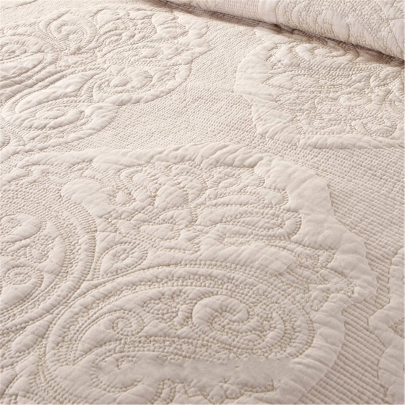 ABREEZE Cream Bedding King Size Cotton Vintage Floral Paisley Quilt Set Scalloped Comforter Bedspread Quilted Coverlet Cotton Beige Comforter King Size 3 Pieces - Image 5